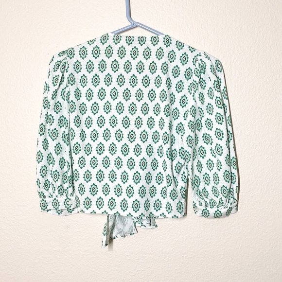 Sandro Namal Printed Crop Top 1 Small Waist Tie 3/4 Balloon Sleeve White Green - Picture 5 of 7
